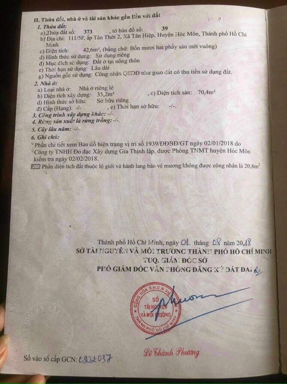 BÁN NHÀ SỔ HỒNG RIÊNG 5X20 1TR1LAU GIA 2TY800